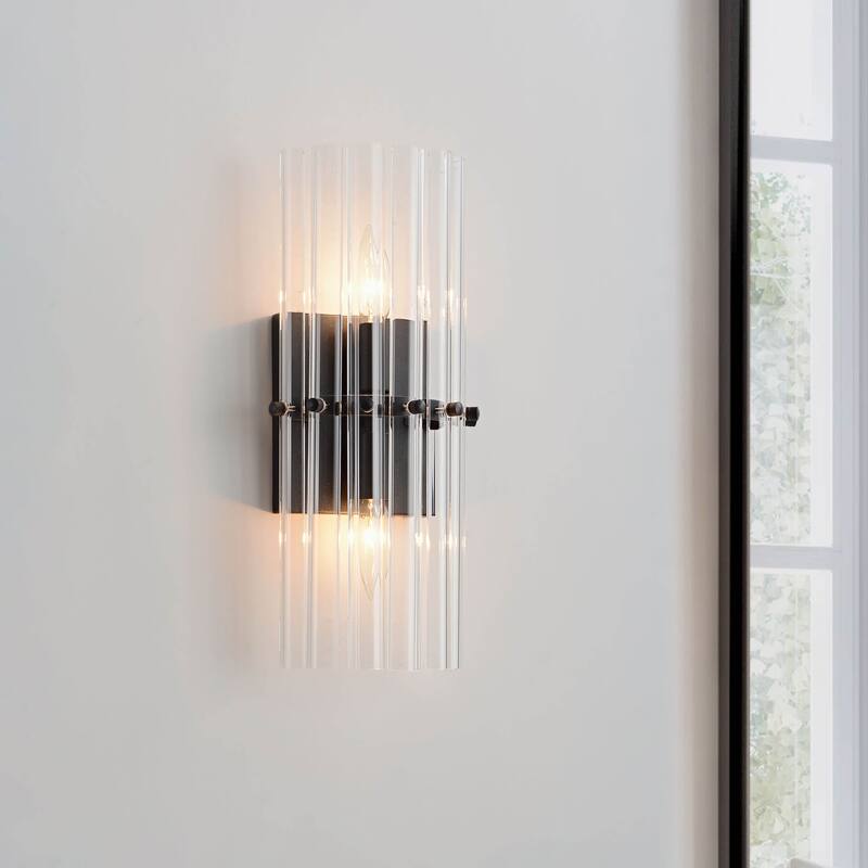 Casandra 2-Light Crystal Glass Bar Wall Sconce - 6 inches W x 15 inches H x 4 inches D - Black