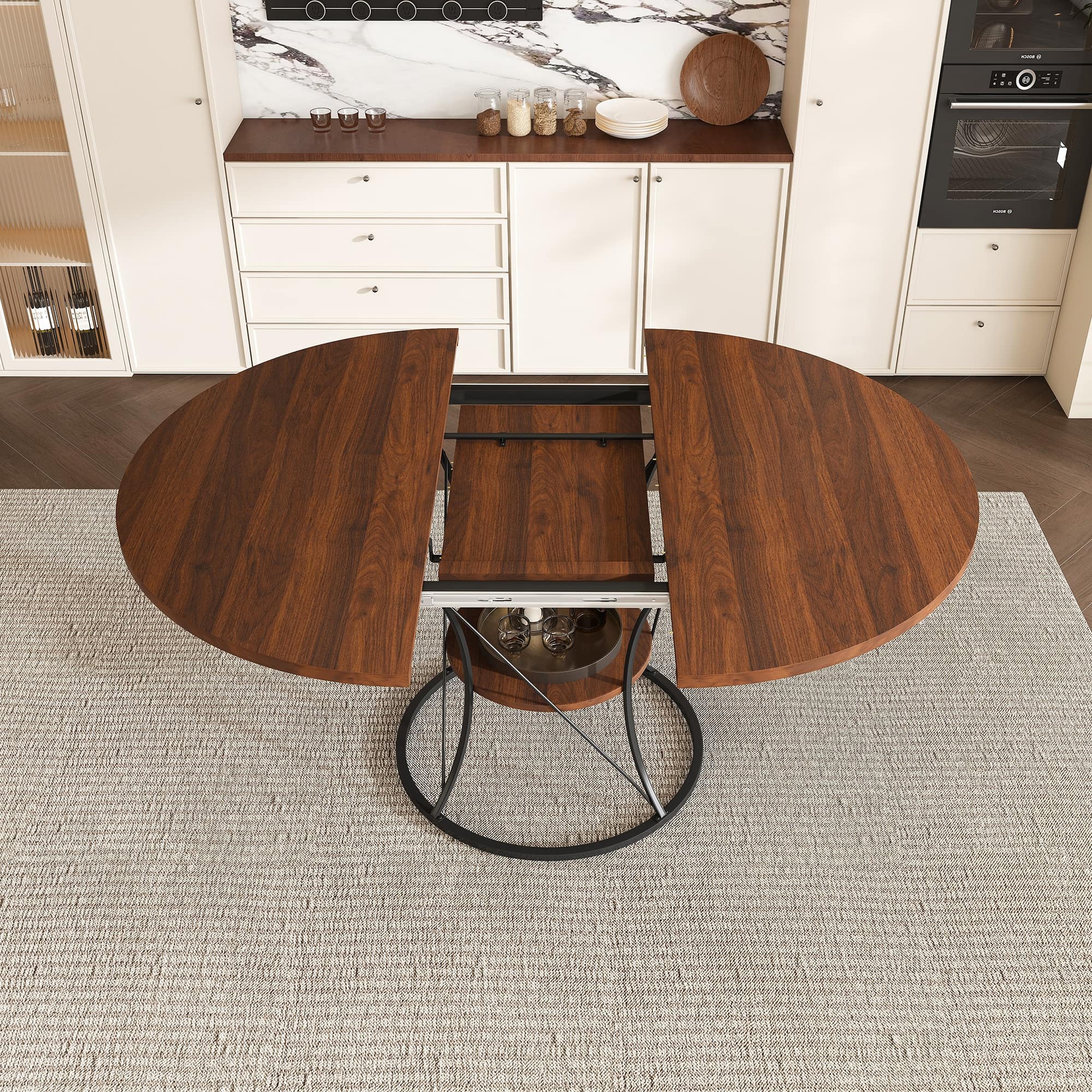 43 to 59 Inch Extendable Round Dining Table for 4-6 - Farmhouse Kitchen Table with Storage Shelf & Metal Base
