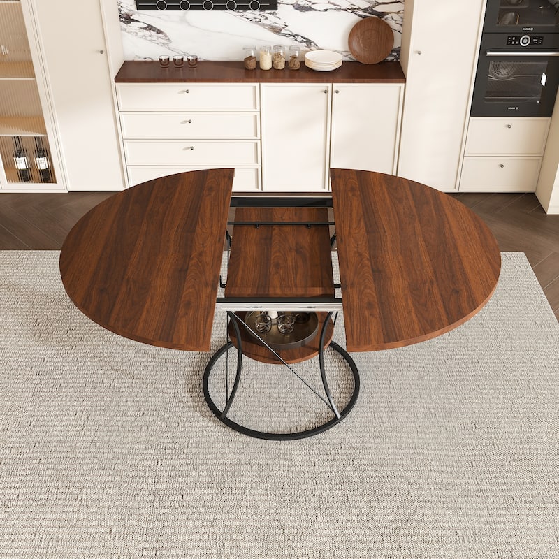 43 to 59 Inch Extendable Round Dining Table for 4-6 - Farmhouse Kitchen Table with Storage Shelf & Metal Base - White