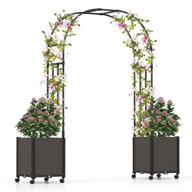 6.6 FT Garden Arch Trellis Garden Pergola Arbor w/ 2 Planter Boxes - Black