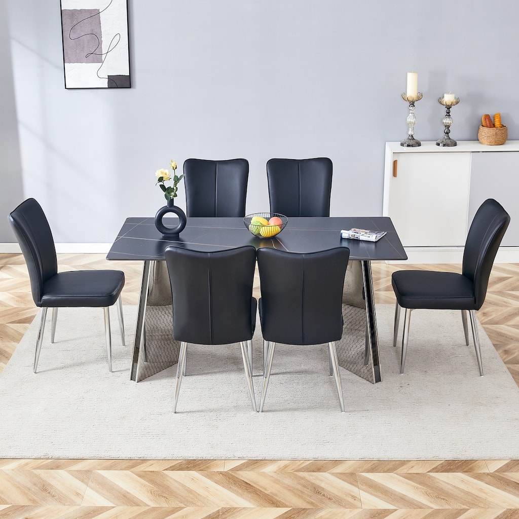 Modern Style Dining Set with Rectangular Stainless Steel Butterfly Legs Table and Vertical Stripe Dining Chairs