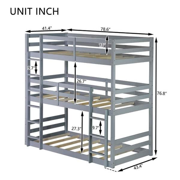 Rubber Wood Triple Bunk Bed with Two Built-in Ladders
