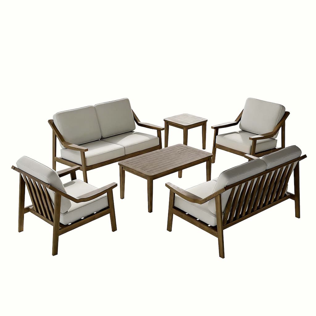 6-piece Wood Patio Chat Set Teak Conversation Set with Cushion