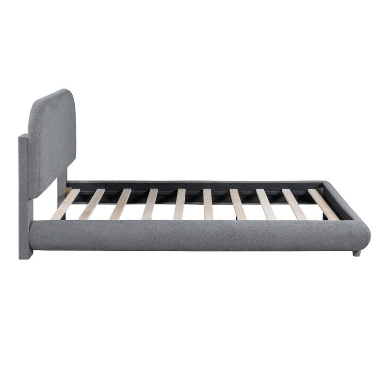 Full/Queen Size Teddy Fleece Upholstered Bed with Thick Fabric, Platform Bed Frame with Headboard & Stylish Curve-shaped Design