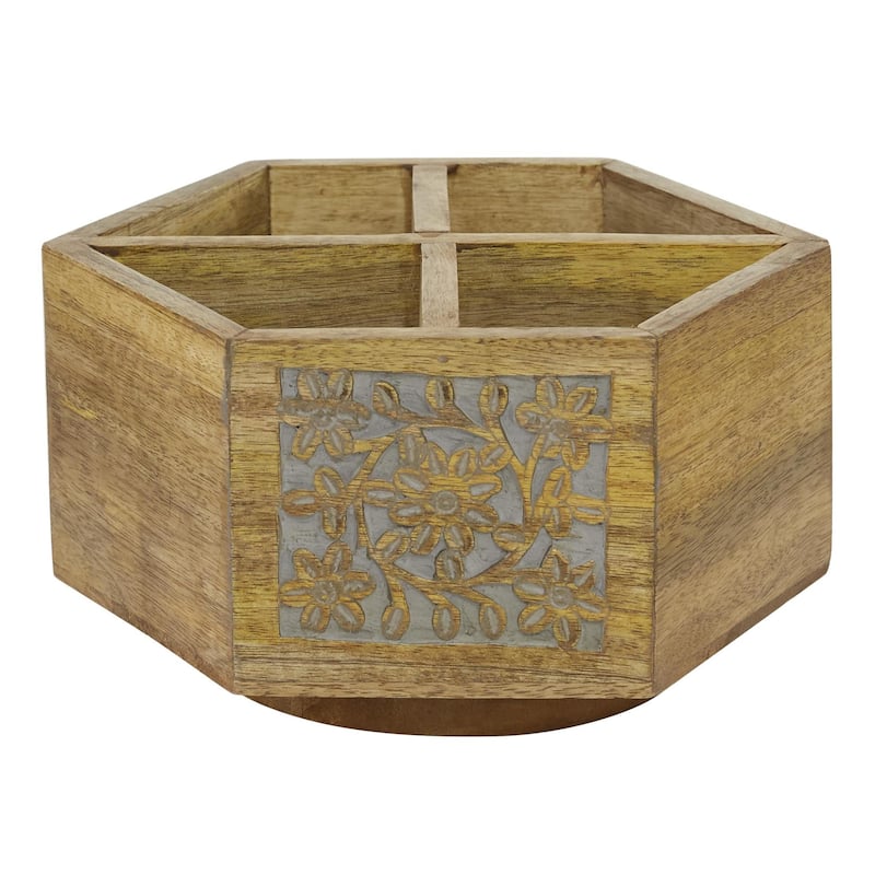 Wood Floral Intricately Carved 4 Bottle Wine Holder with Lazy Susan - Brown - Roche River Decor - 10"W x 8"L x 5"H