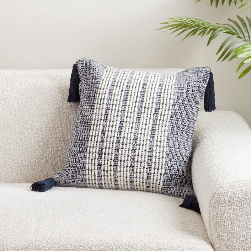 Woven Stripe Cotton-Wool Throw Pillow - Textured Vertical Pattern with Corner Tassels for Sofa, Bed & Accent, 18"x18"