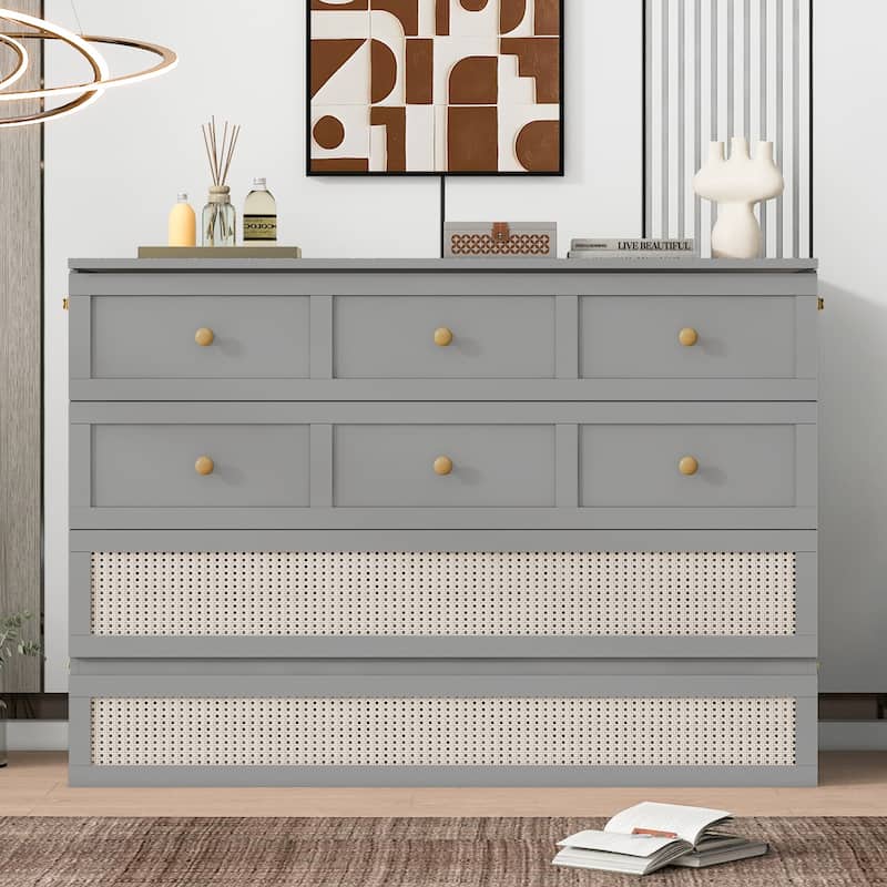 Full Size Murphy Bed Hidden Cabinet Bed with Drawer Underneath and Rattan Patterned, Clever Space Utilization Classic Grey