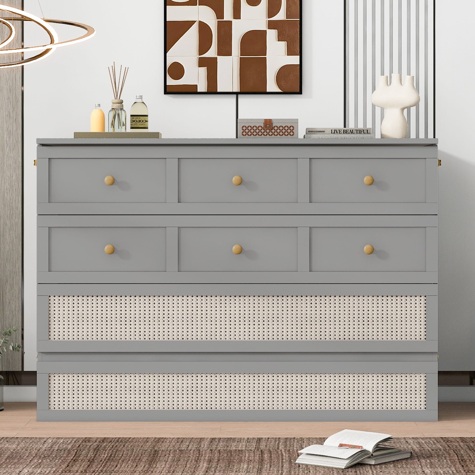 Gray Full Size Modern Style Murphy Bed with Versatile Storage Large Drawers for Bedroom