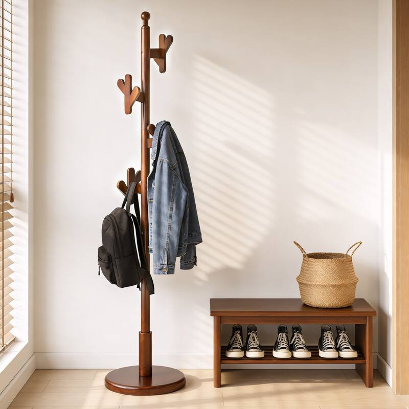 Solid Wood Coat Rack Freestanding Coat Tree Stand with 4 Creative Antler Hooks - 72"H x 15.7"W