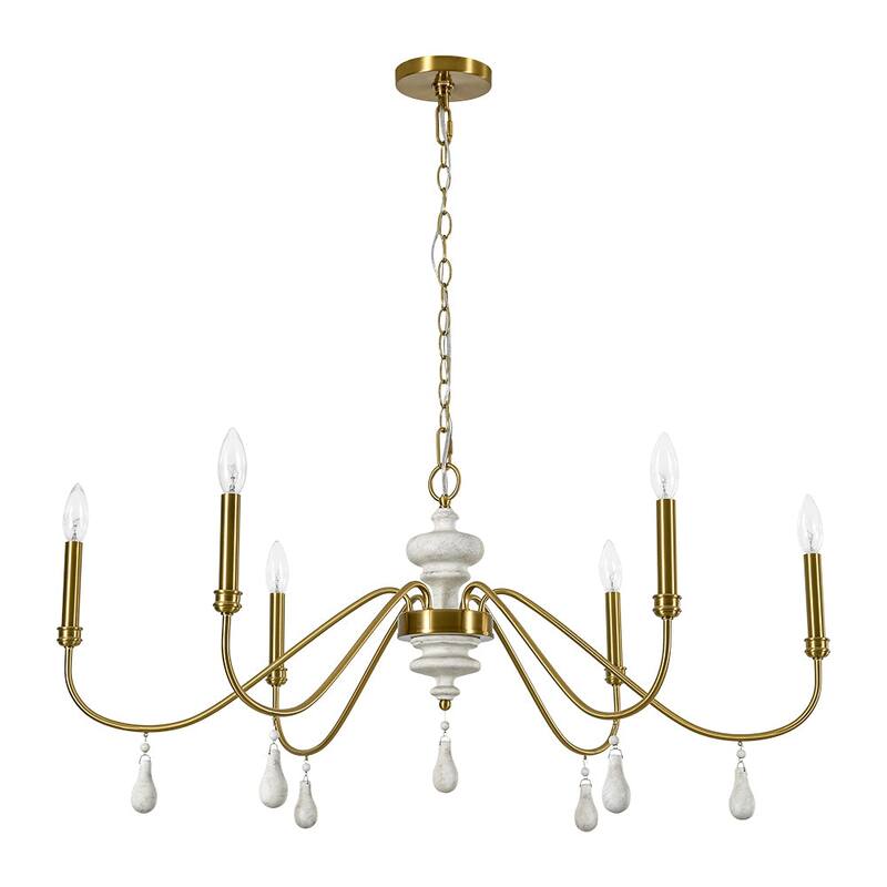 Mid-Century Aged Brass 6-Light Wide Candle Style Chandelier 38in