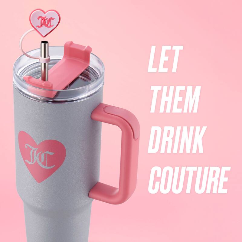 Juicy Couture Jetsetter Hydration Stainless Steel Tumbler with Handle and Straw With Topper