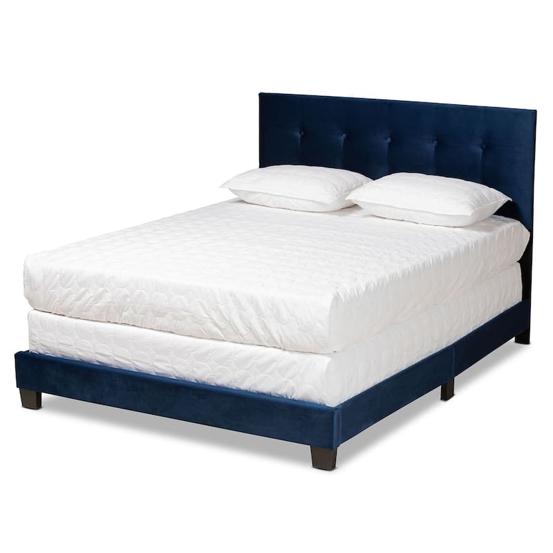 Queen Size Velvet Upholstered Bed - Navy Blue Panel Bed, Button Tufted Headboard, Sturdy Bedroom Bed Frame