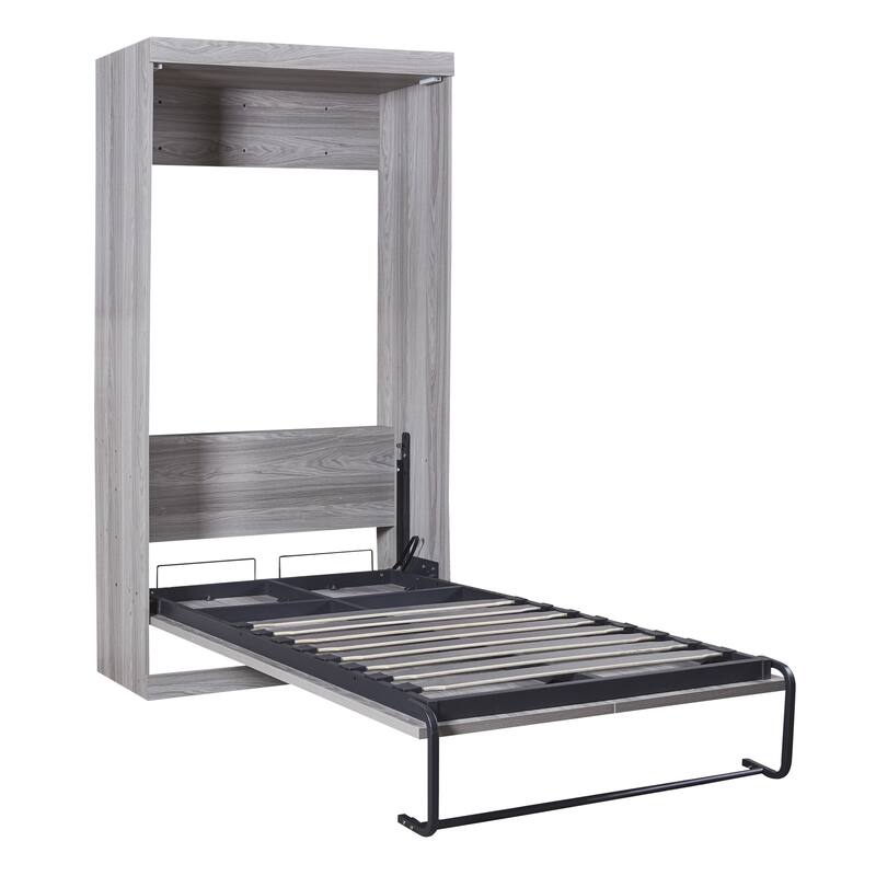 Grey Twin Size Murphy Bed with Foldable Cabinet and Hidden Legs - MDF & Metal