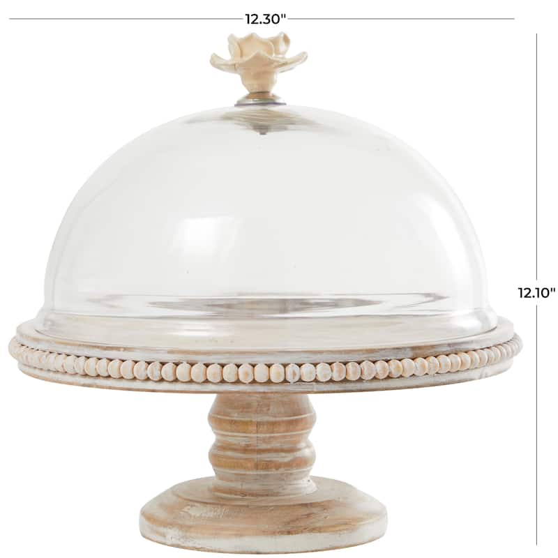 Mango Wood Cake Stand with Glass Dome - Cream - Roche River Decor - 12"W x 12"L x 12"H