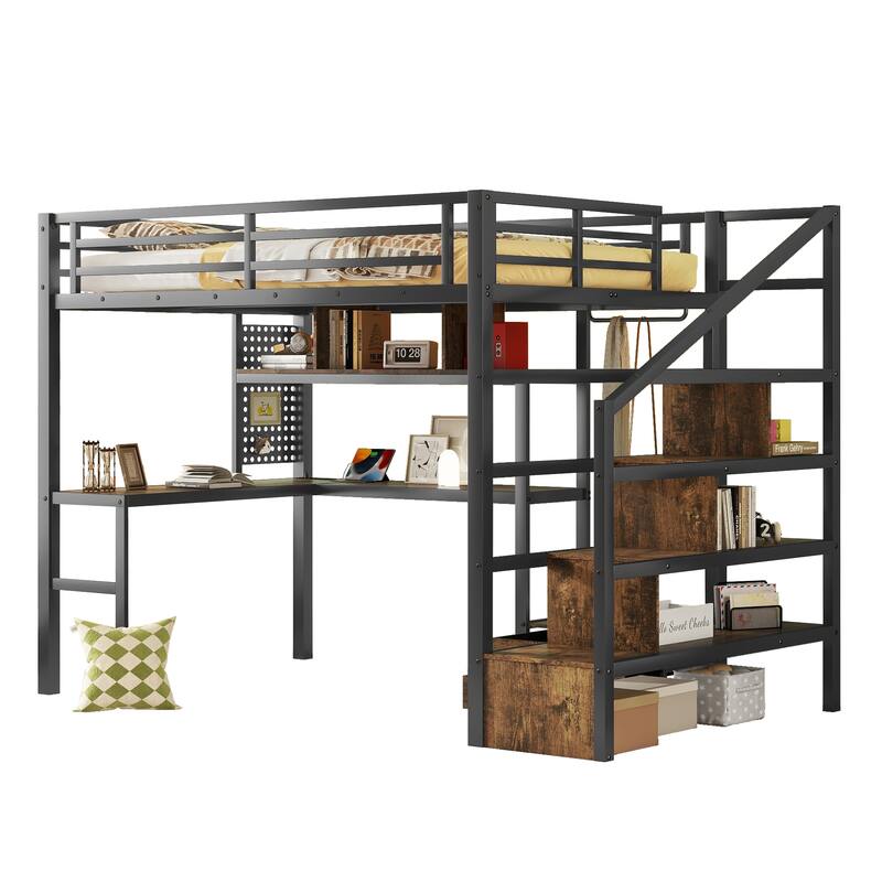 Full Size Metal Loft Bed with LED Lights, Charging Station, Desk & Staircase Storage - Black