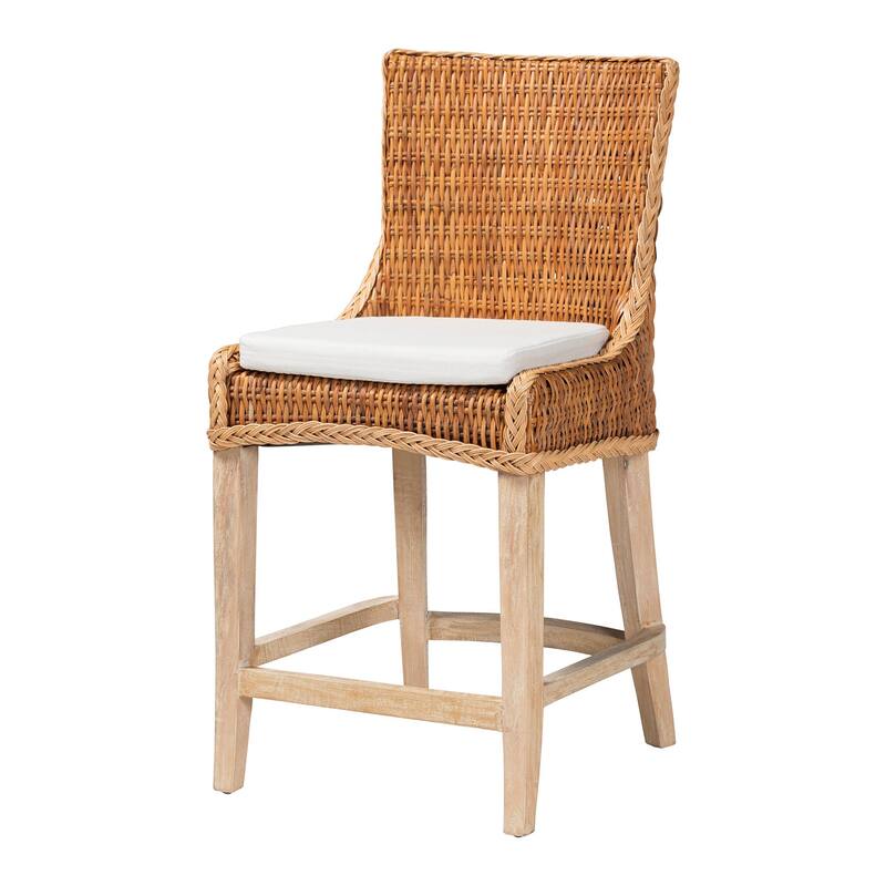 Derris Natural Rattan Counter Stool with Cushion - Tall Wingback Stool with Mango Wood Frame, Boho Coastal Style Seating - Light Honey