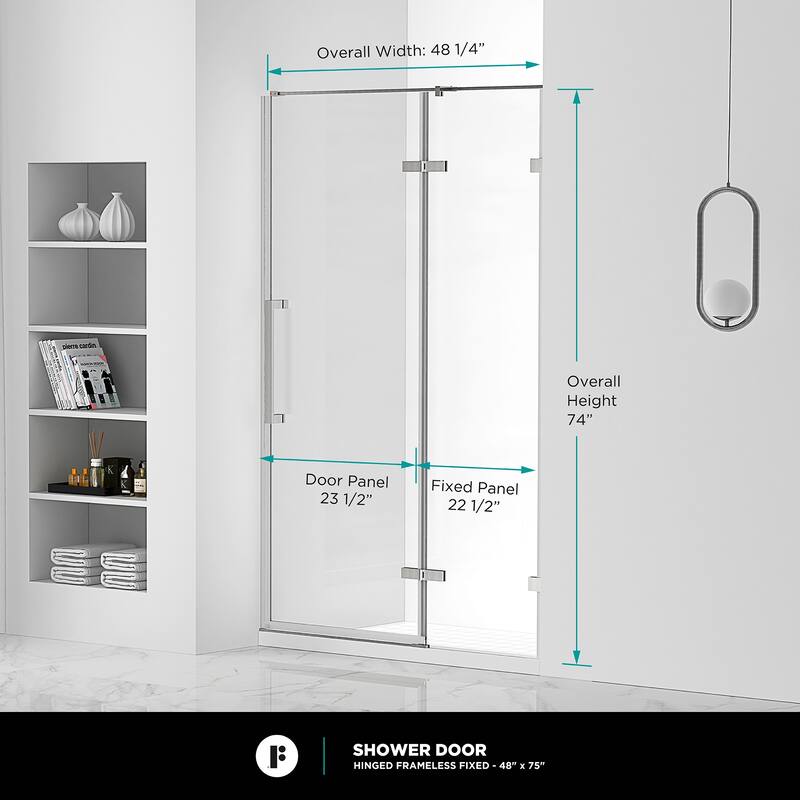 Fine Fixtures Hinged Clear Frameless Glass Shower Door Enclosure