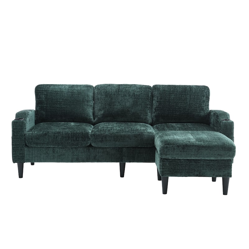 Chenille Deep Seat Couch with Chaise, L-shaped Sectional Sofa with Storage Ottoman, Cup Holders and Side Pockets for Living Room