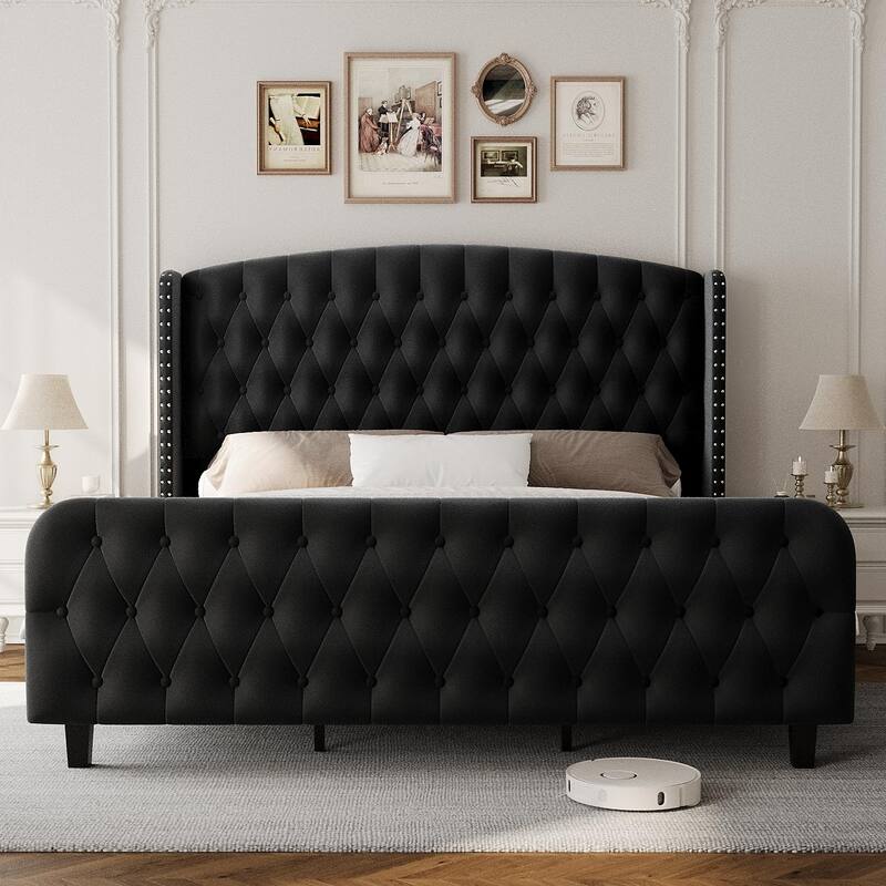 51" Tall Queen Size Bed Frame with Deep Button Tufted Wingback Headboard and Footboard