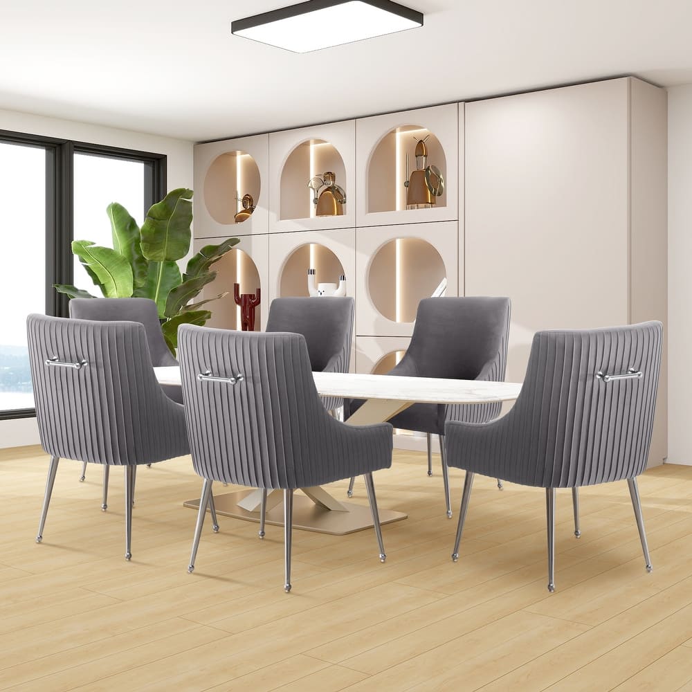 SEYNAR Modern Velvet Pleated Finish Back Dining Chair Set of 6 with Rear Handle