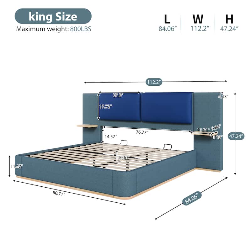 Upholstered Platform Bed Frame with Side Storage Panels, Soft Rounded Corners, Cushioned Headboard & No Box Spring Needed