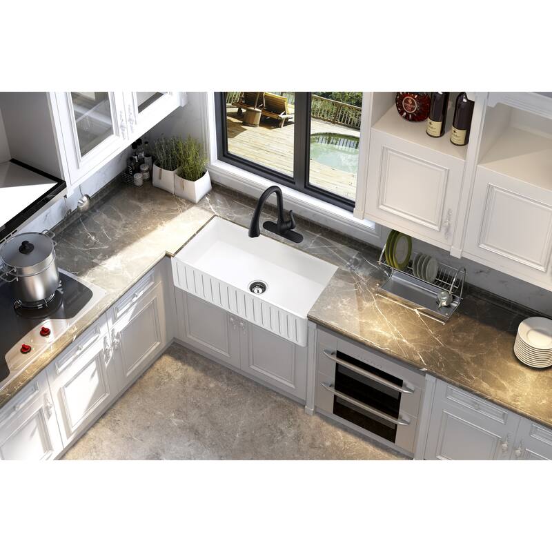 Roine 33 In. Farmhouse Apron Front Man Made Stone Single Bowl Kitchen Sink in Matte White