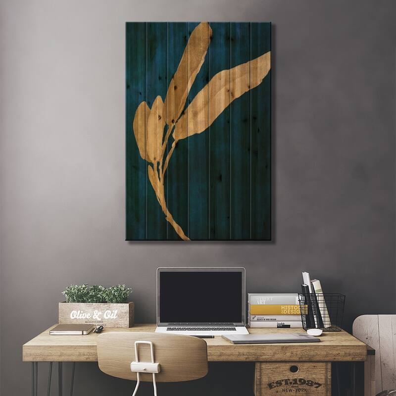 Gold Leaves on Navy III Print On Wood by Lanie Loreth - Multi-Color