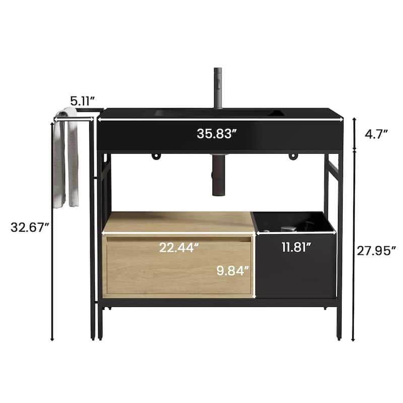 36" Industrial Style Modular Bathroom Vanity. This vanity features a robust metal frame accented with warm wood elements