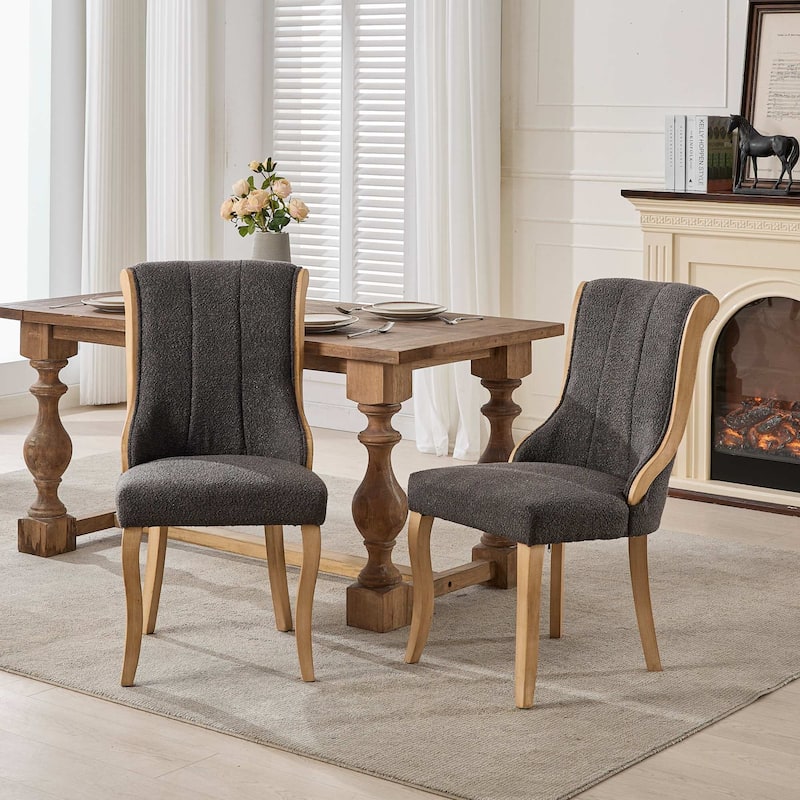 Snow Velvet Dining Chairs, Mid-Century Style with Curved Wood Trim & Sculpted Legs, Set of 2, Gray