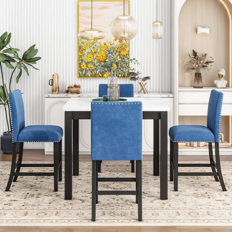 5-Piece Counter Height Dining Table Set, Faux Marble Top Square Table with 4 Velvet Chairs, Kitchen Dining Table Set for 4