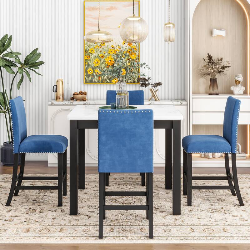 Roomfitters 5-Piece Counter Height Dining Table Set with Faux Marble Square Table and Velvet Upholstered Chairs