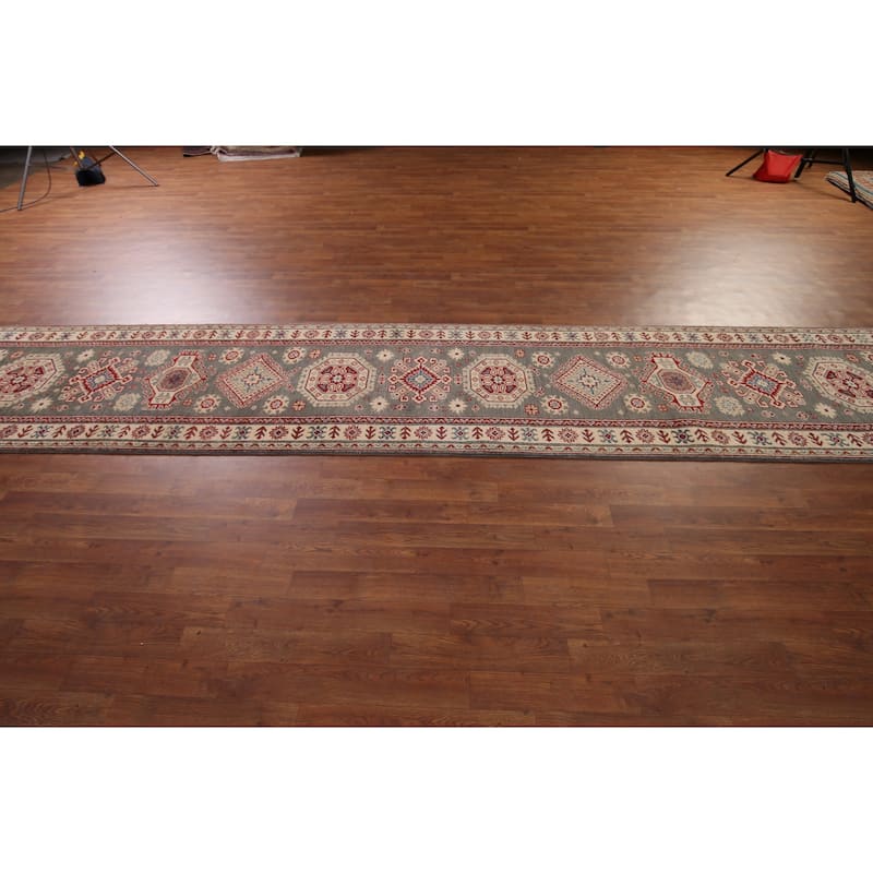 Gray Kazak Runner Rug Hand-Knotted Wool Carpet - 2'8" x 16'3"