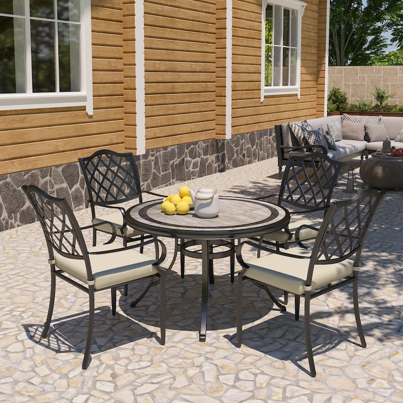 Cast Aluminum 5-Piece Outdoor Patio Dining Set with Ceramic Tile Top Table and Chairs