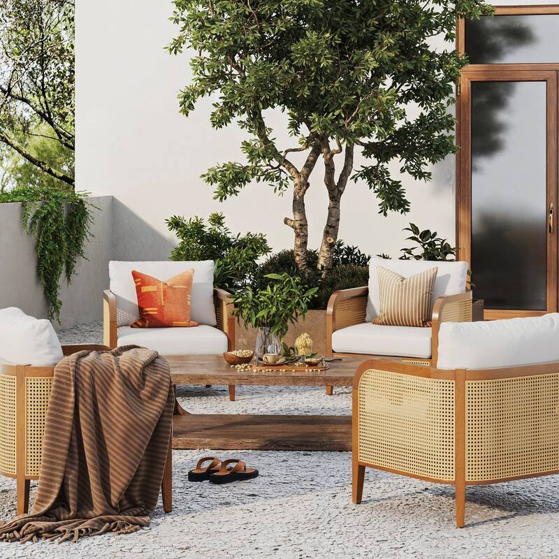 Twila Bohemian Outdoor Upholstered Rattan Patio Seating with Solid Wood Frame