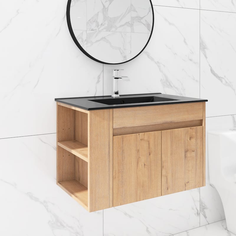 30 inch Wood Wall-Mounted Bathroom Vanity Set with Integrated Ceramic Sink
