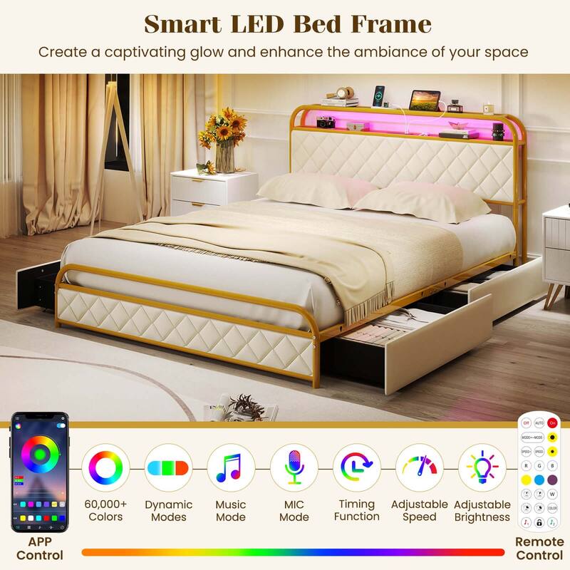 Costway Twin/Full/Queen Size Bed Frame with LED Lights & Charging