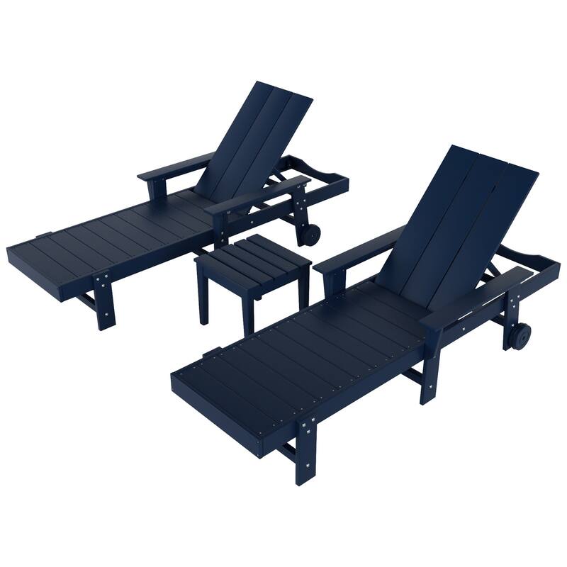 Polytrends Shoreside Modern Poly Reclining Eco-friendly Chaise Lounge With Arms, Wheels, and Side Table (3-Piece Set)