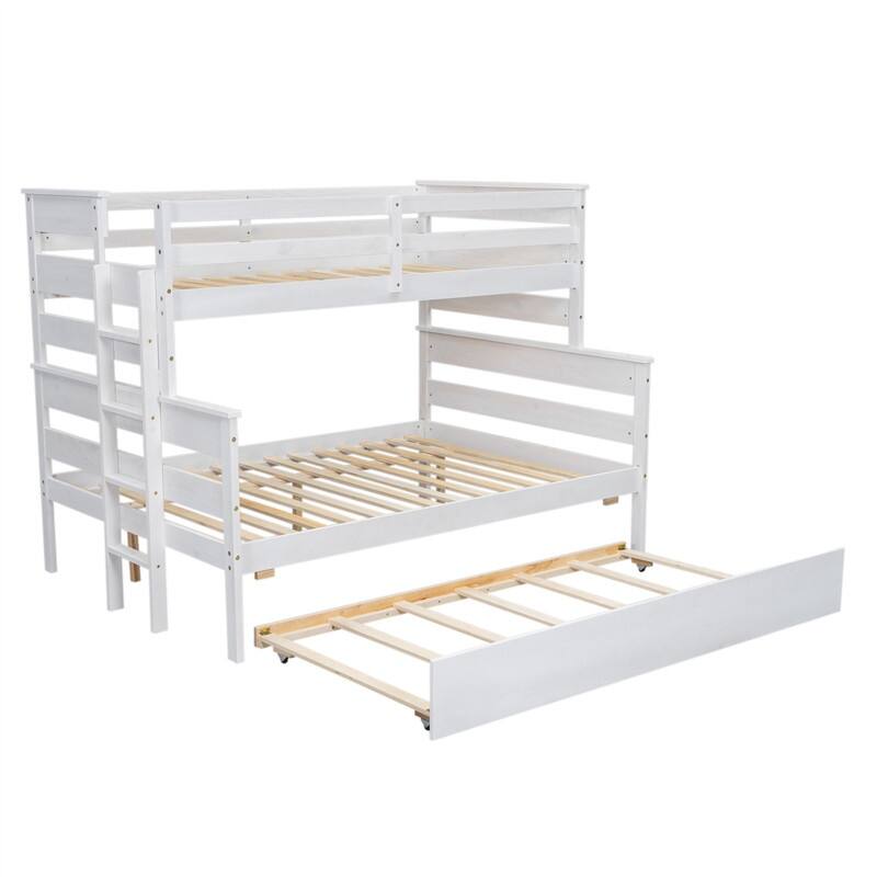 Twin over Full Size Bunk Bed with Twin Size Trundle, Solid Wood Bunk Bedframe with Ladder and Guardrails for Kids