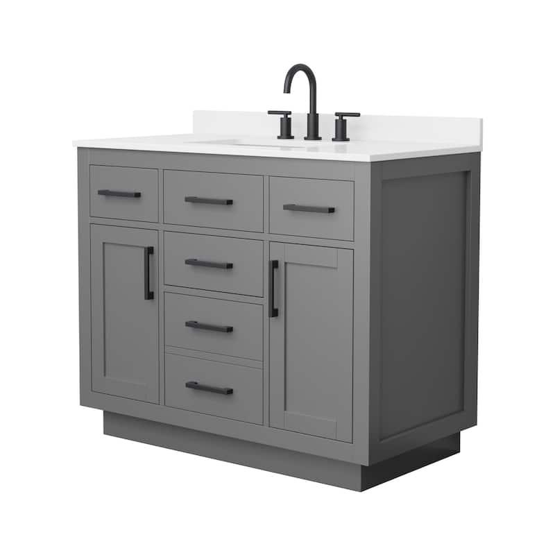 Beckett TK 42-inch Single Vanity, 3 Hole Quartz Top - Dark Gray, Black Trim, White Quartz Top