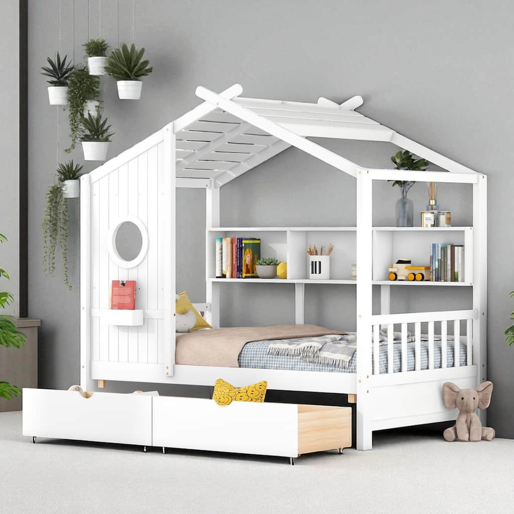 Twin/Full Size Wooden House Bed with Roof, Storage Shelf and 2 Drawers for Kids, Montessori Style
