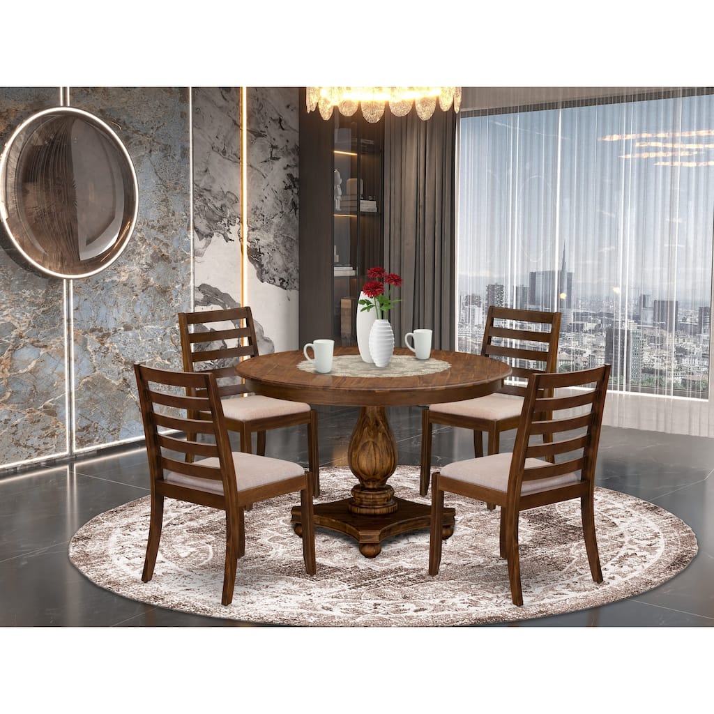 East West Furniture Dining set- A Round Table and stackable Modern chairs, Antique Walnut (Pieces & Seat Type Options)