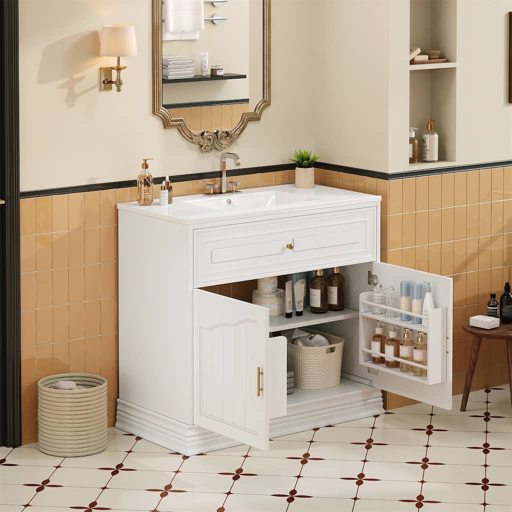 36" Ceramic Sink Bathroom Vanity / Solid Wood Frame Floor Mount Bathroom Storage Cabinet