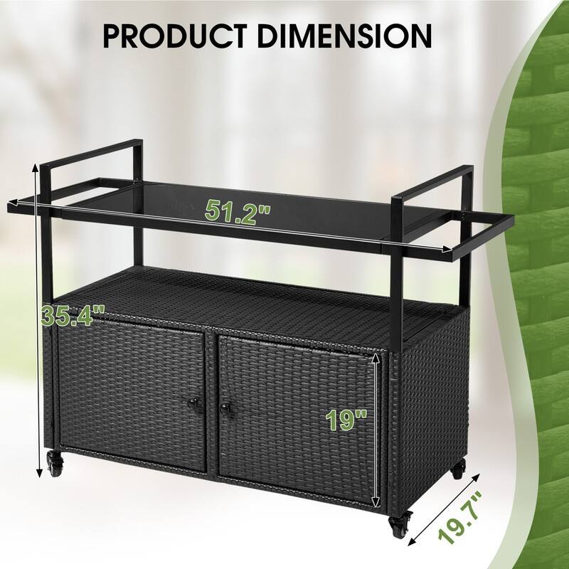 51*20*35.5inch Outdoor Bar Cart Table, Large Wicker Island Rolling Cart, Wheeled Buffet Serving Cart, Black