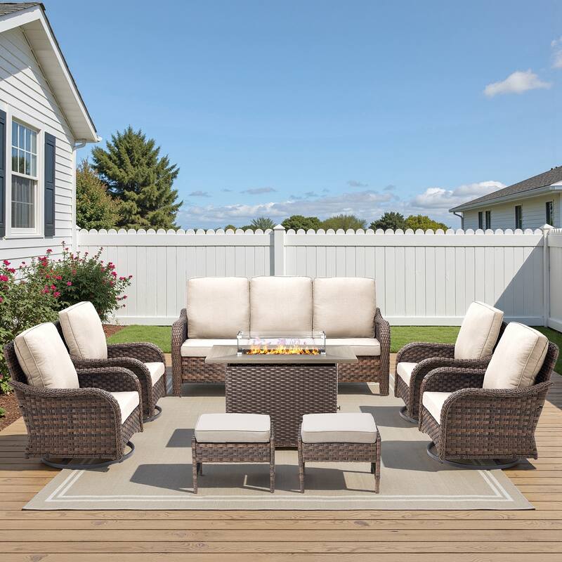 Pocassy Patio Funiture Sofa Swivel Chairs Ottoman with Fire Table Set - Beige Cushion - Brown Wicker - 8-Piece Sofa Swivel Chair Ottoman w/ Fire Table