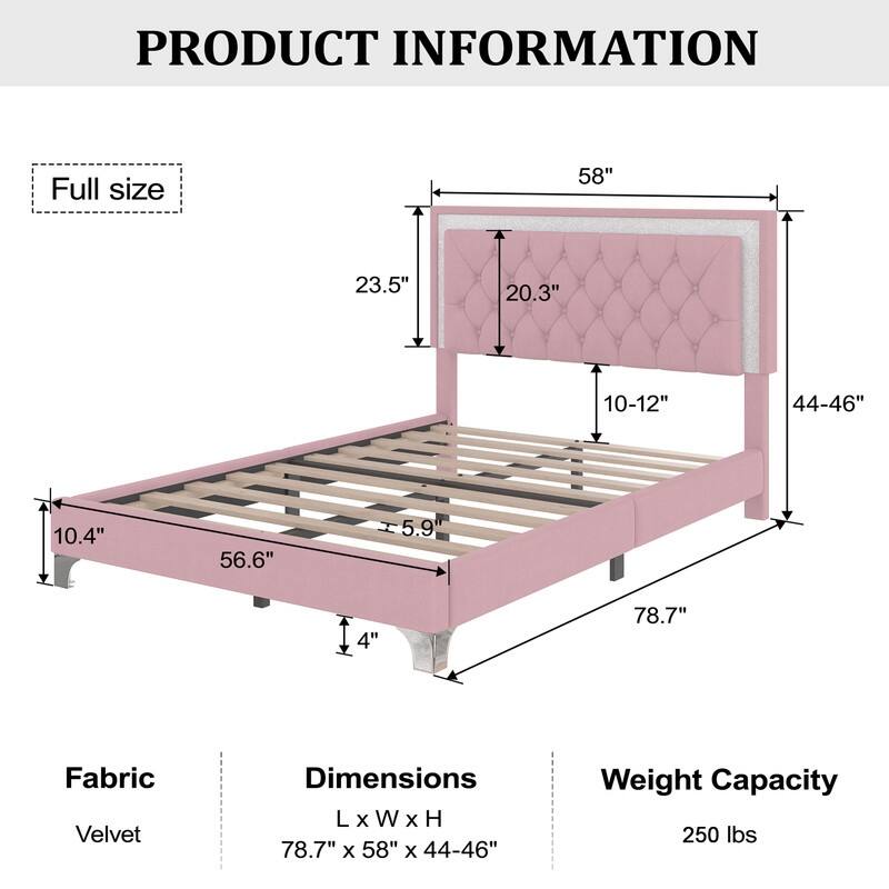 Full Size Velvet Upholstered Platform Bed with LED Lights, Tufted Headboard