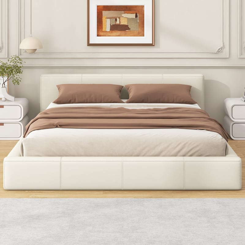 Faux Leather Grounding Bed Frame, Upholstered Platform Bed w/Headboard
