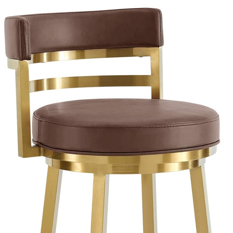 HomeRoots 30" Coffee and Gold Faux Leather and Stainless Steel Low Back Bar Height Swivel Bar Chair