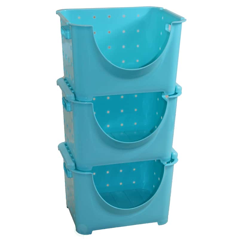 Basicwise Plastic Stackable Storage Containers - Set of 3 Blue