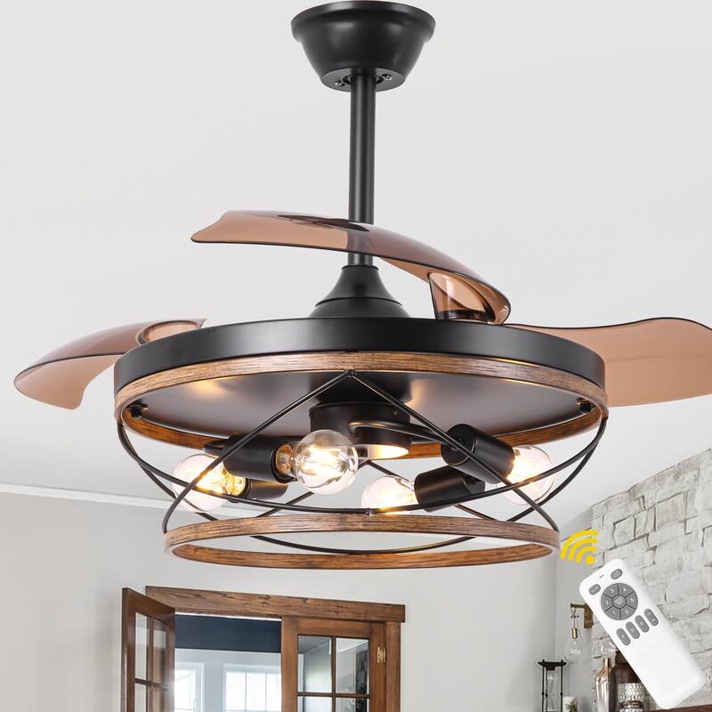 Bella Depot 42" Rustic Retractable Wood Ceiling Fan with Light and Remote 6-Speed Reversible Fan - Brown
