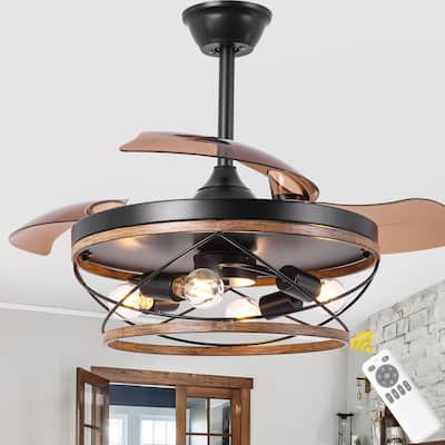 Bella Depot 42" Rustic Retractable Wood Ceiling Fan with Light and Remote 6-Speed Reversible Fan